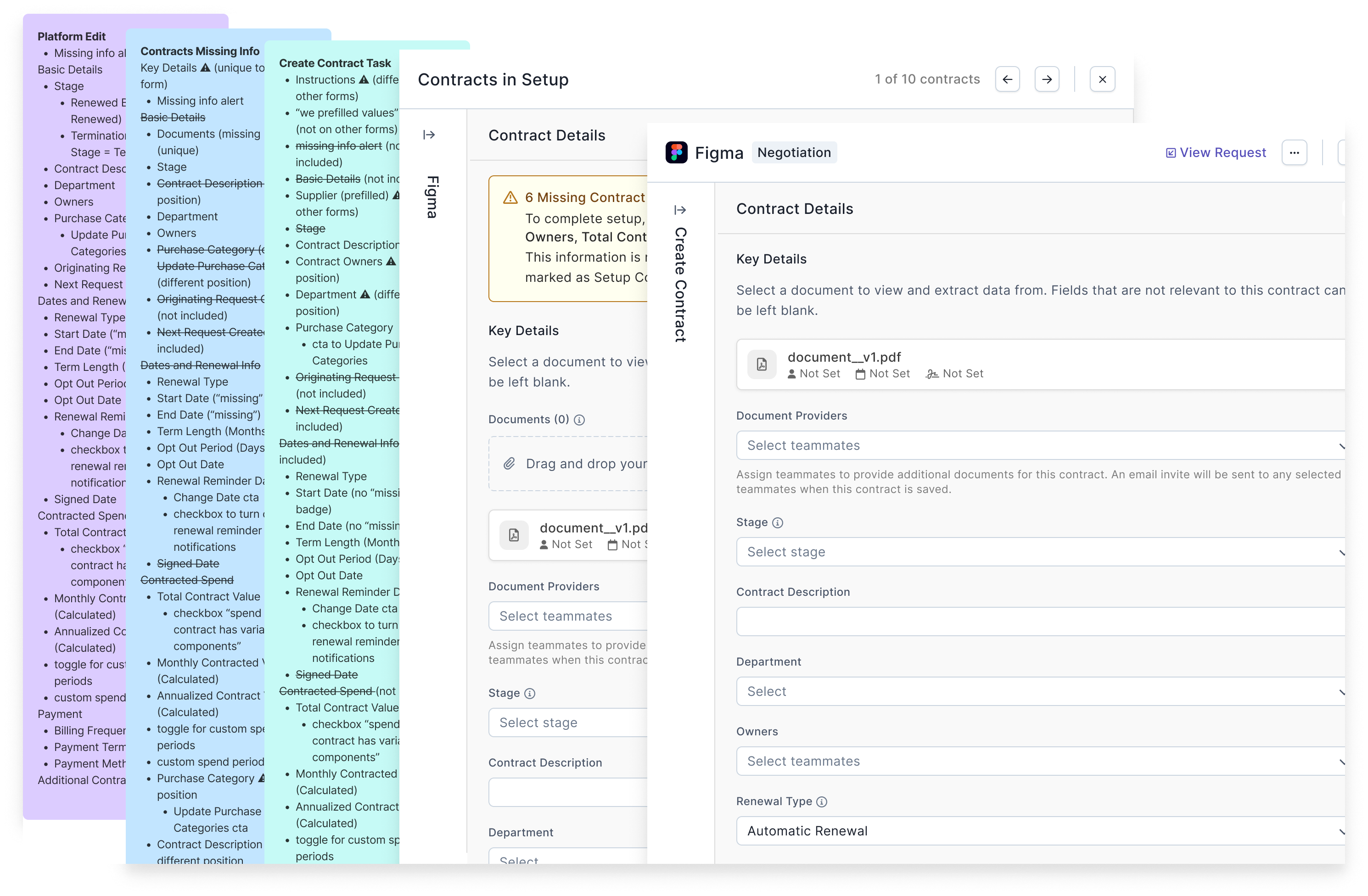Lists of the field order for original contract forms and screenshots of the redesigned forms